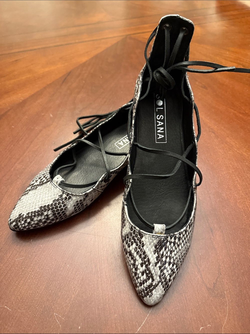 Sol Sana Black and White Snake-Print Lace-Up Pointed Flats
